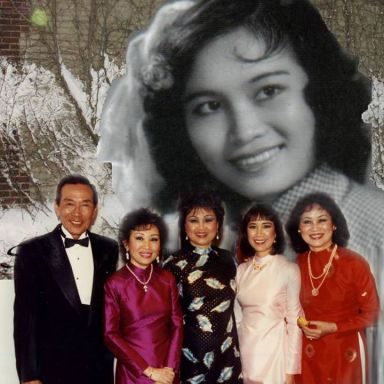 Ảnh trên là ca sĩ Hà Thanh. Ảnh dưới, từ trái sang phải là các ca sĩ Anh Ngọc, Mai Hương, Kim Tước, Quỳnh Giao và Hà Thanh chụp năm 1992